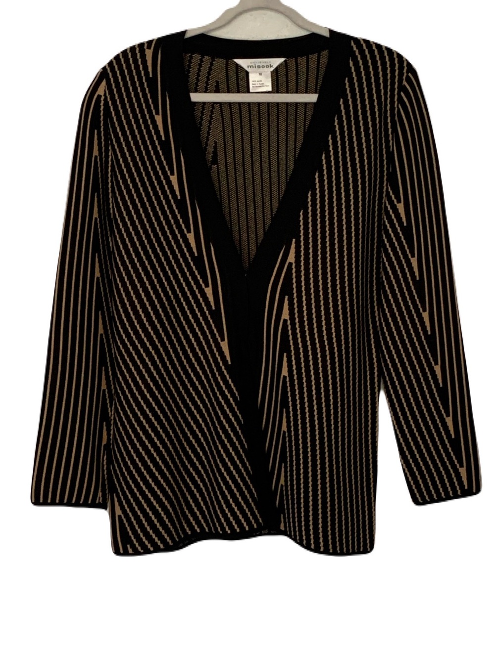 Misook Women’s Medium Black & Tan Striped Knit Cardigan Jacket Modest Mature